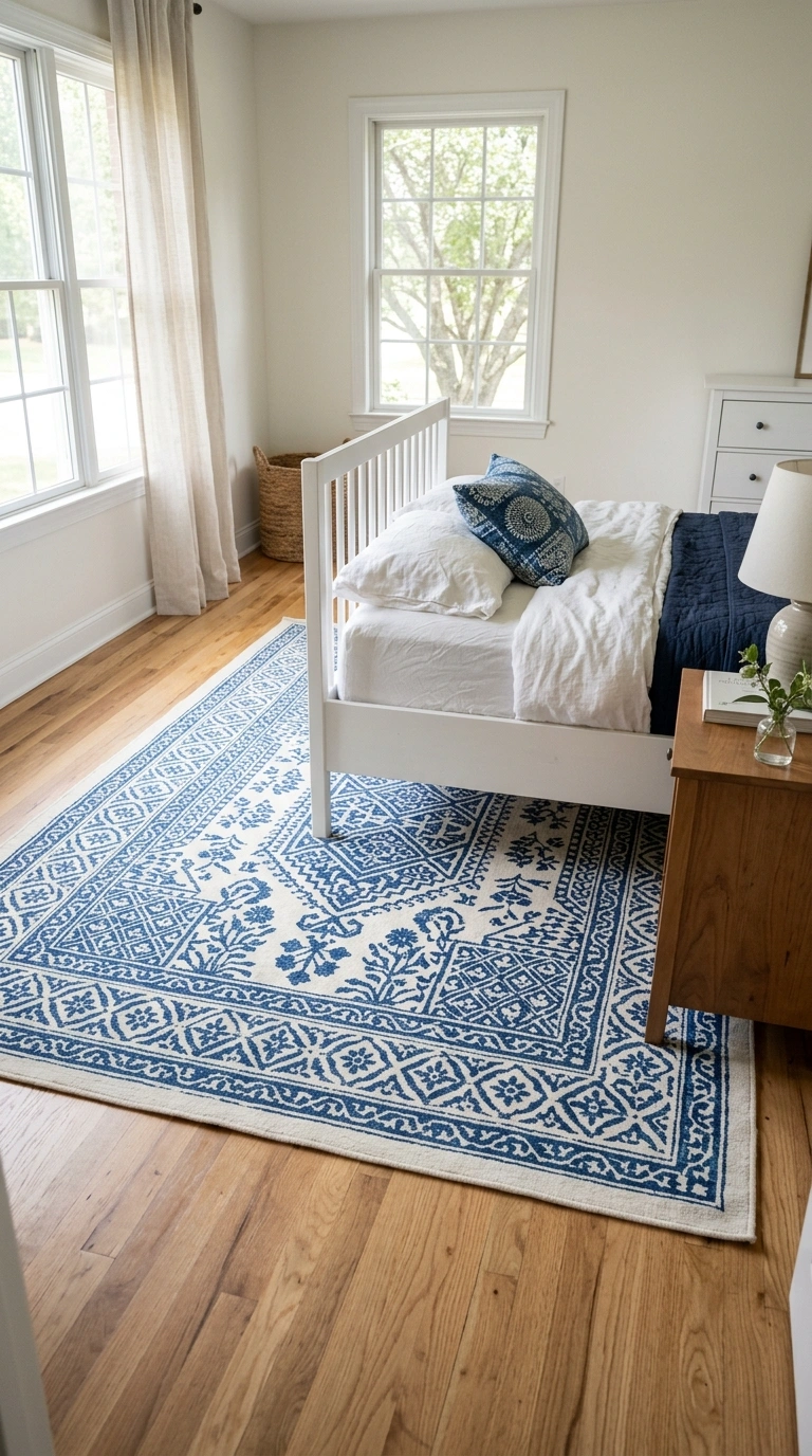 010 10 Blue White Area Rug A wide angle shot of a bedr