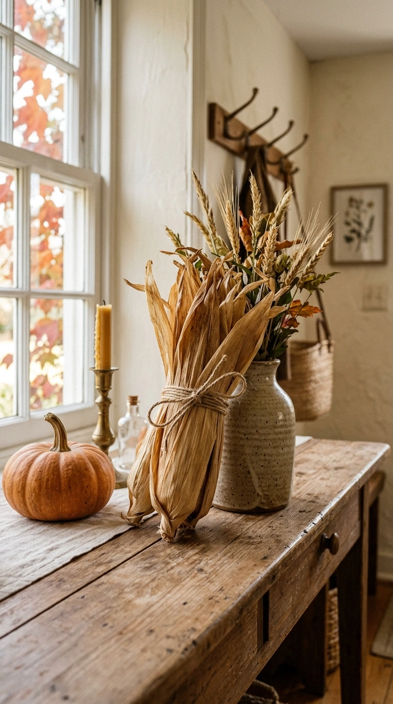 15+ Charming Fall Decor Ideas to Make Your Home Feel Cozy 11 010 10 Corn Husk Bundle An entryway table with a small