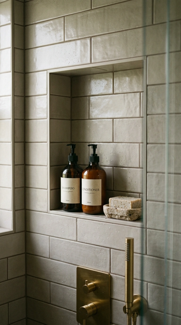 010 10 Wall Niche Shelving A tiled shower with a reces