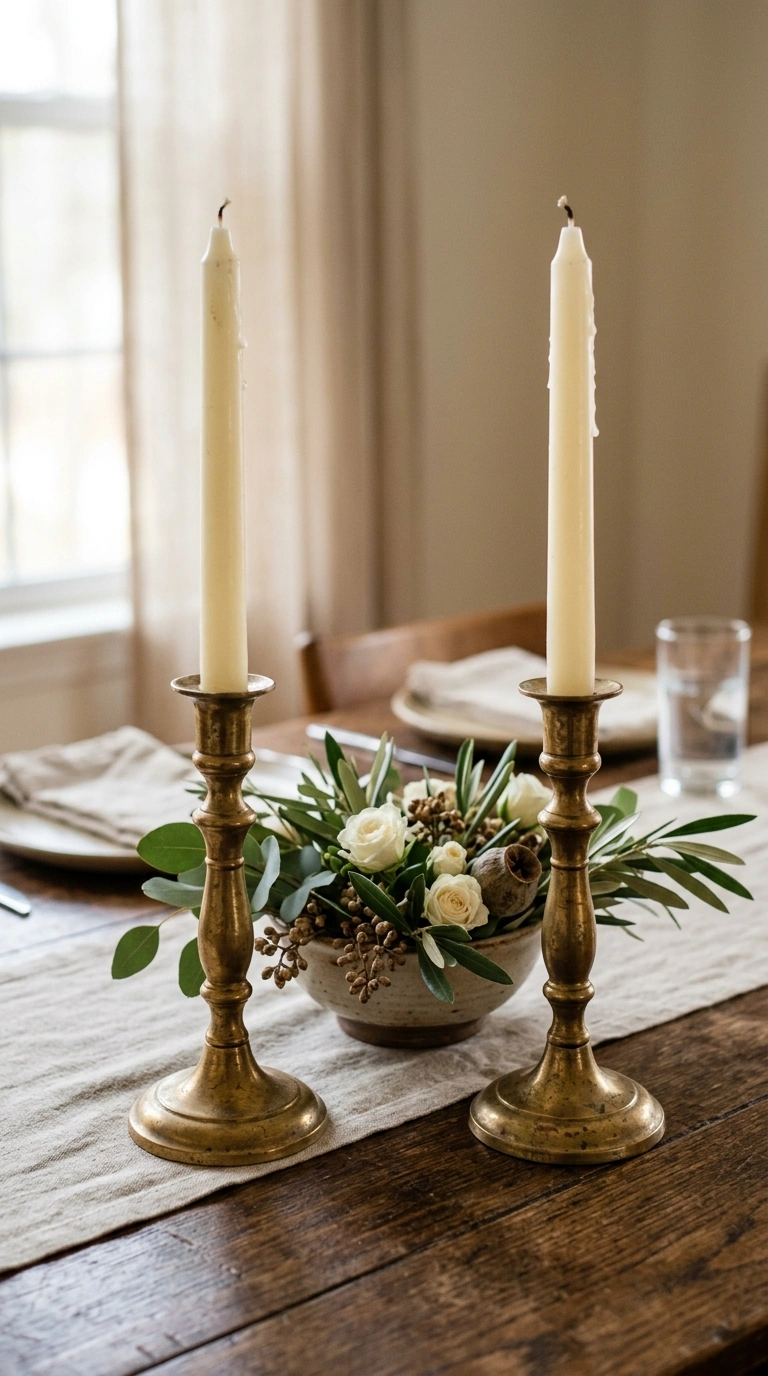 17 Dining Table Decor Ideas to Create a Beautiful Tablescape 11 010 Brass Candlestick Pairs A close up shot of two mat