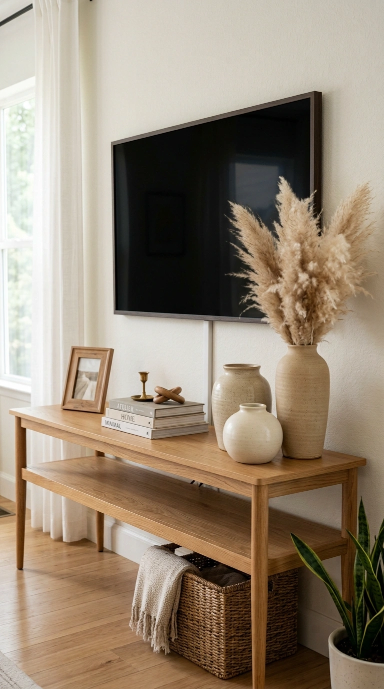 010 Console With Ceramic Vases A neutral toned living
