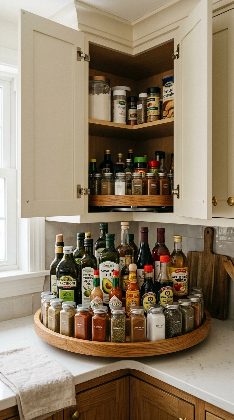 22 Creative Mini Kitchen Ideas for Small Spaces 11 010 Corner Lazy Susan An open corner kitchen cabinet r