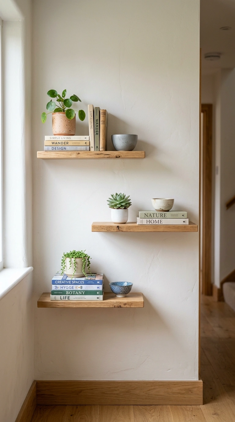 17 Clever Japanese Organization Ideas to Maximize Small Spaces 11 010 Floating Wall Shelves A narrow hallway wall with t