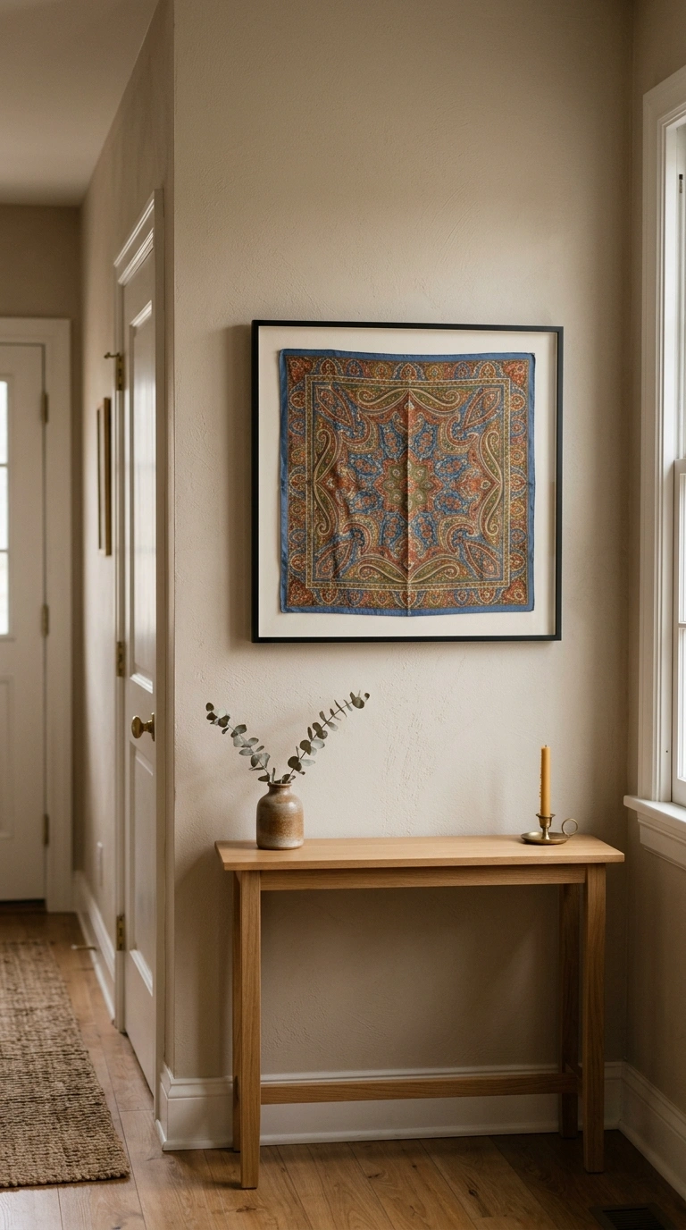 23 Easy Wall Decor Ideas to Make Any Room Look Brand New 11 010 Framed Fabric Art A small hallway wall styled with