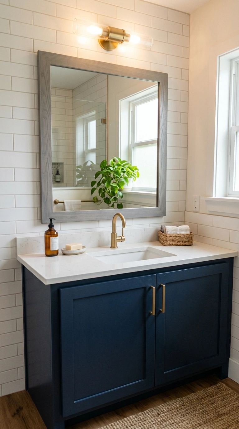 010 Gray Framed Mirror A bathroom vanity featuring a r