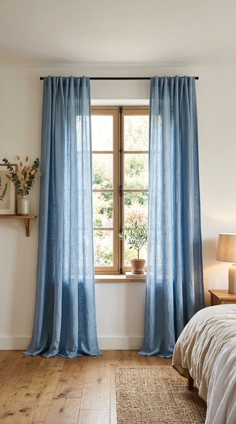 010 Linen Blue Curtains A bedroom window dressed in fl