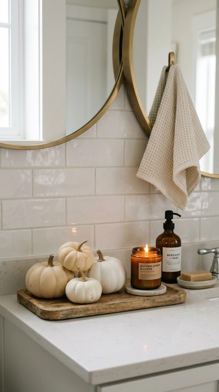 010 Mini Pumpkin Accents A bathroom counter featuring
