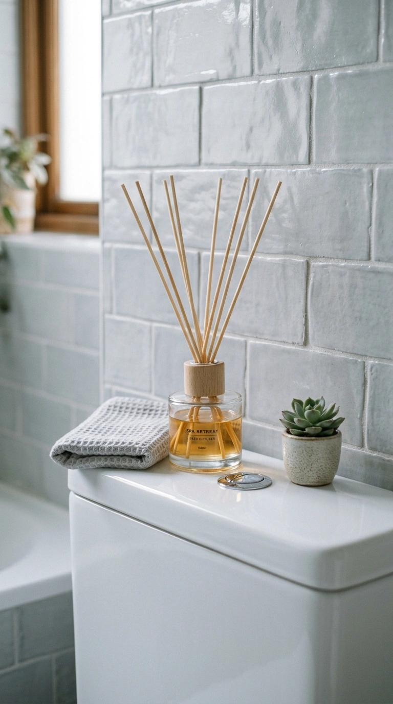 21 Toilet Tank Decor Ideas for a Prettier Bathroom 11 010 Mini Reed Diffuser A small glass reed diffuser bot