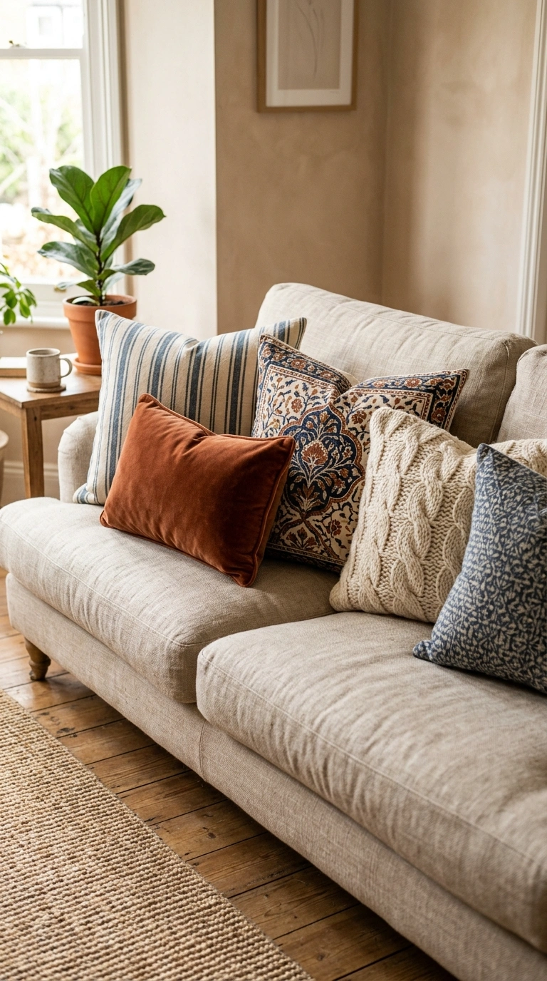 010 Mixed Pattern Pillows A sofa styled with five