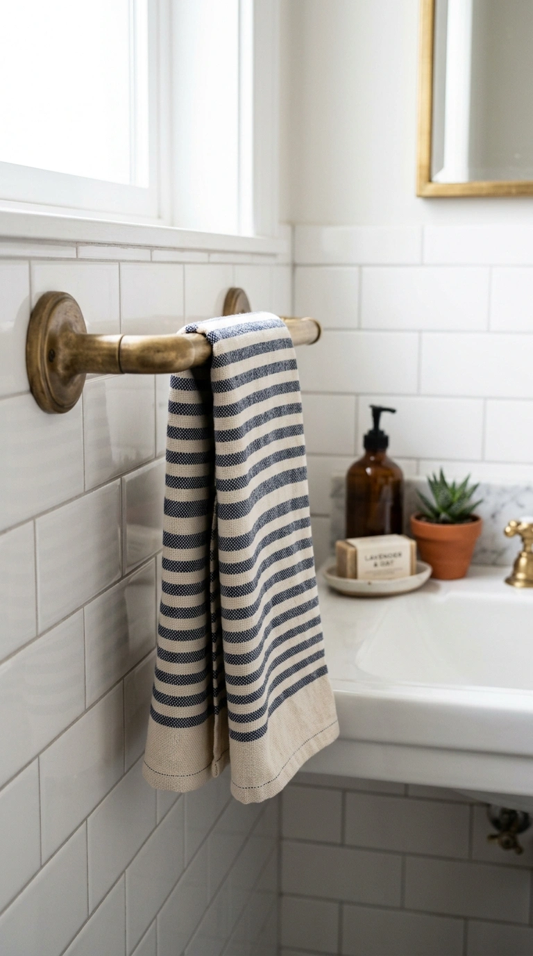 19 Elegant Guest Bathroom Decor Ideas You'll Want to Copy 11 010 Patterned Hand Towels A close up shot of a striped