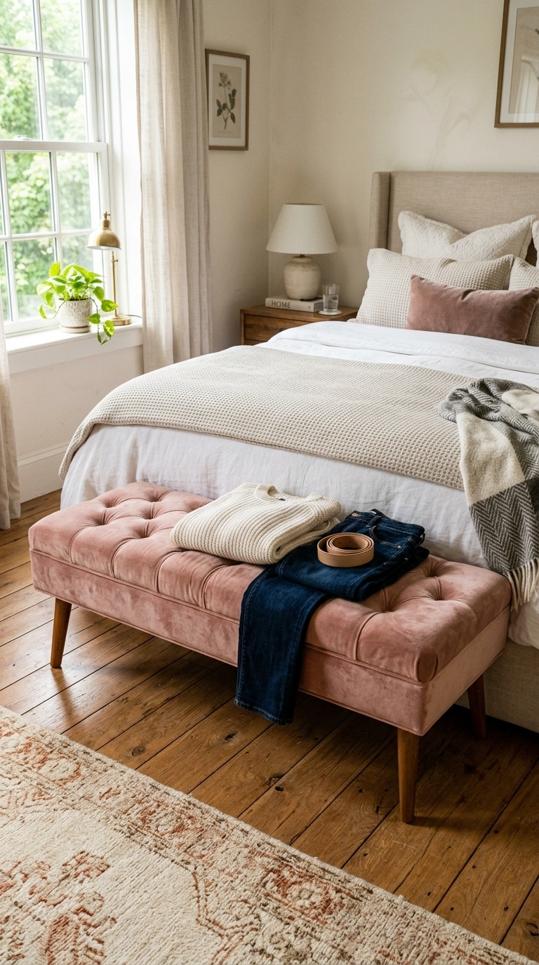 010 Velvet Bench Seat A blush velvet bench placed at t