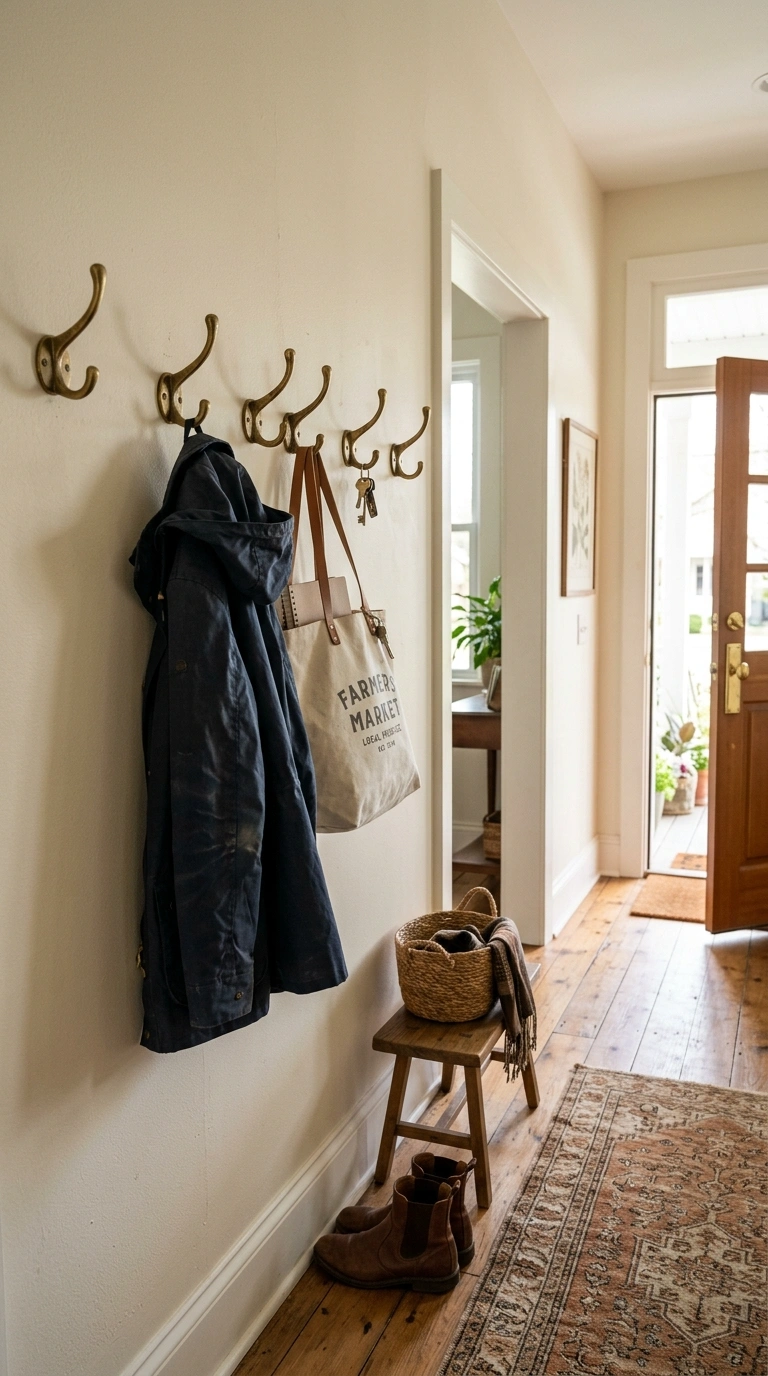 010 Wall Hooks Display A hallway entry wall with a row