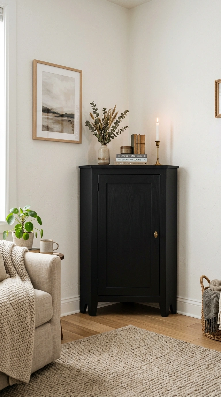 011 Black Corner Cabinet A living room corner featurin