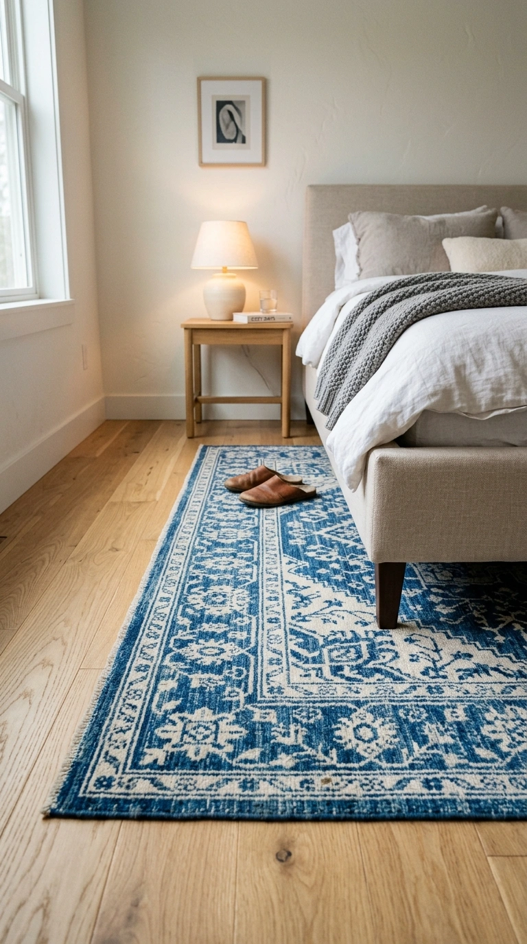 011 Blue And White Rug A bedroom floor featuring a blu