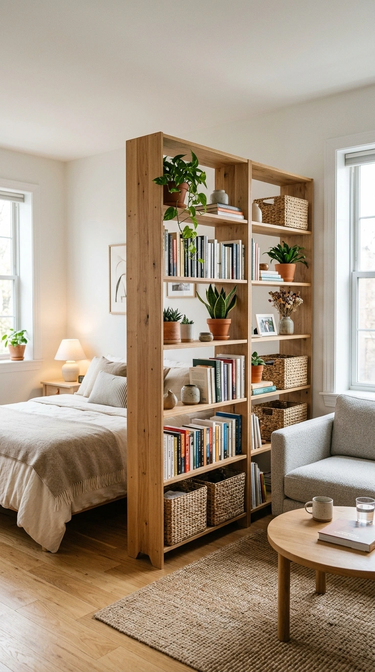 011 Bookshelf Room Divider A studio apartment featurin