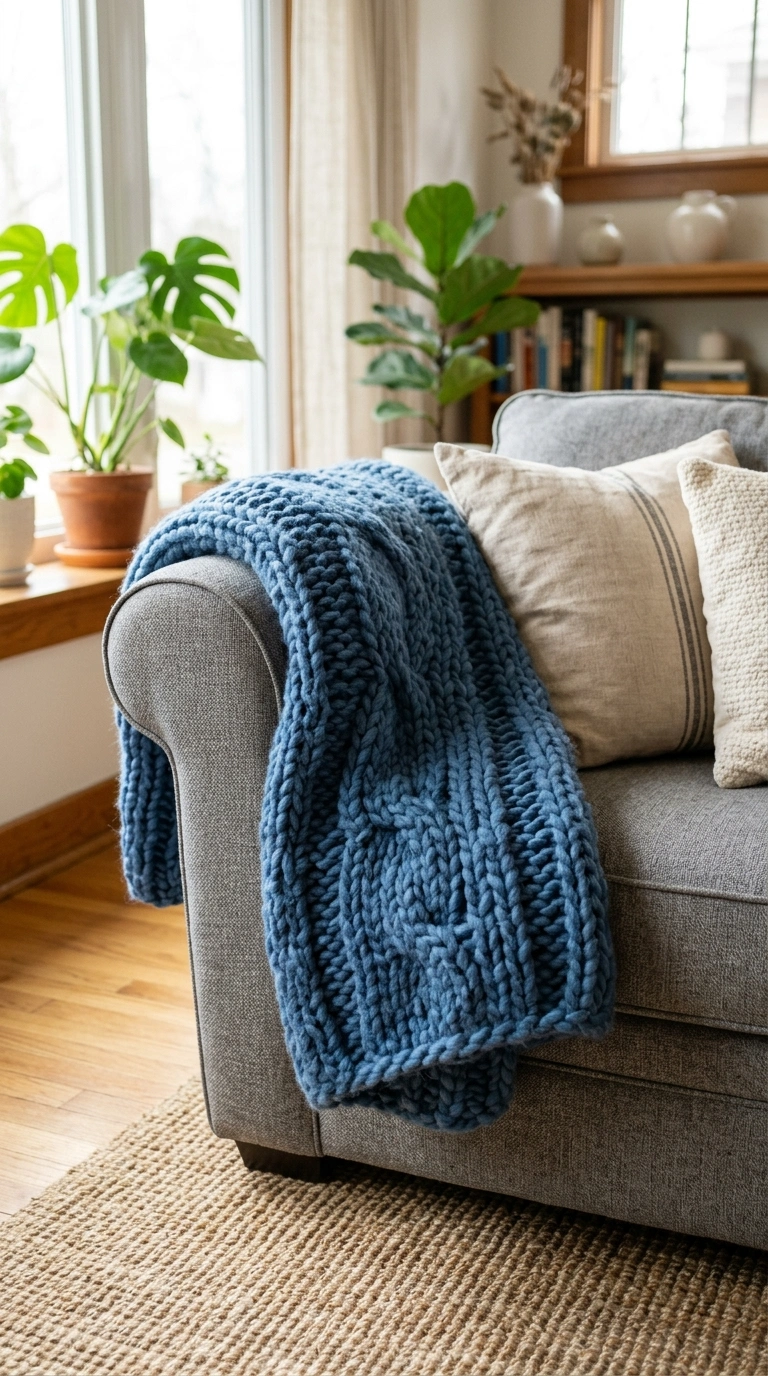 011 Denim Blue Throw A denim blue chunky knit throw bl
