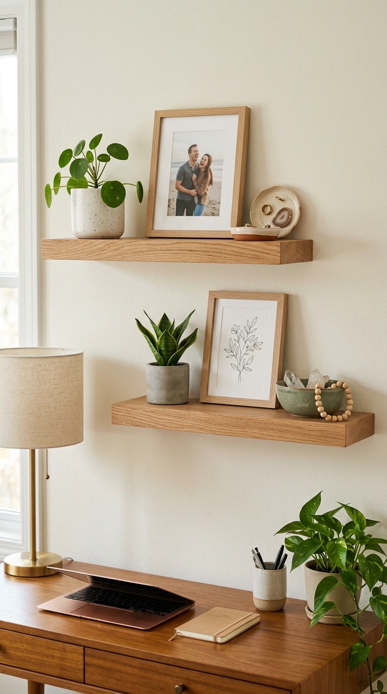011 Floating Shelf Display A wall above a desk with tw