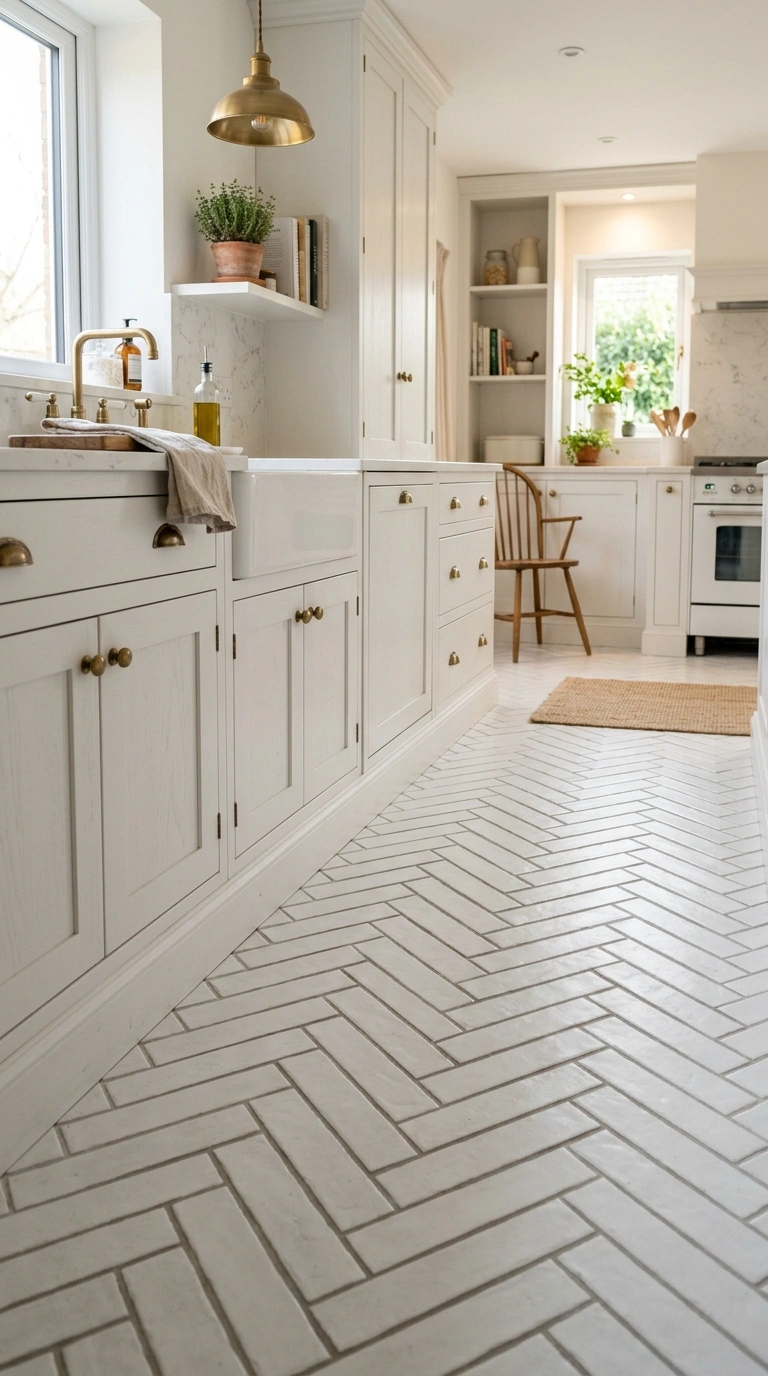 011 Herringbone Tile Floor A white kitchen floor laid