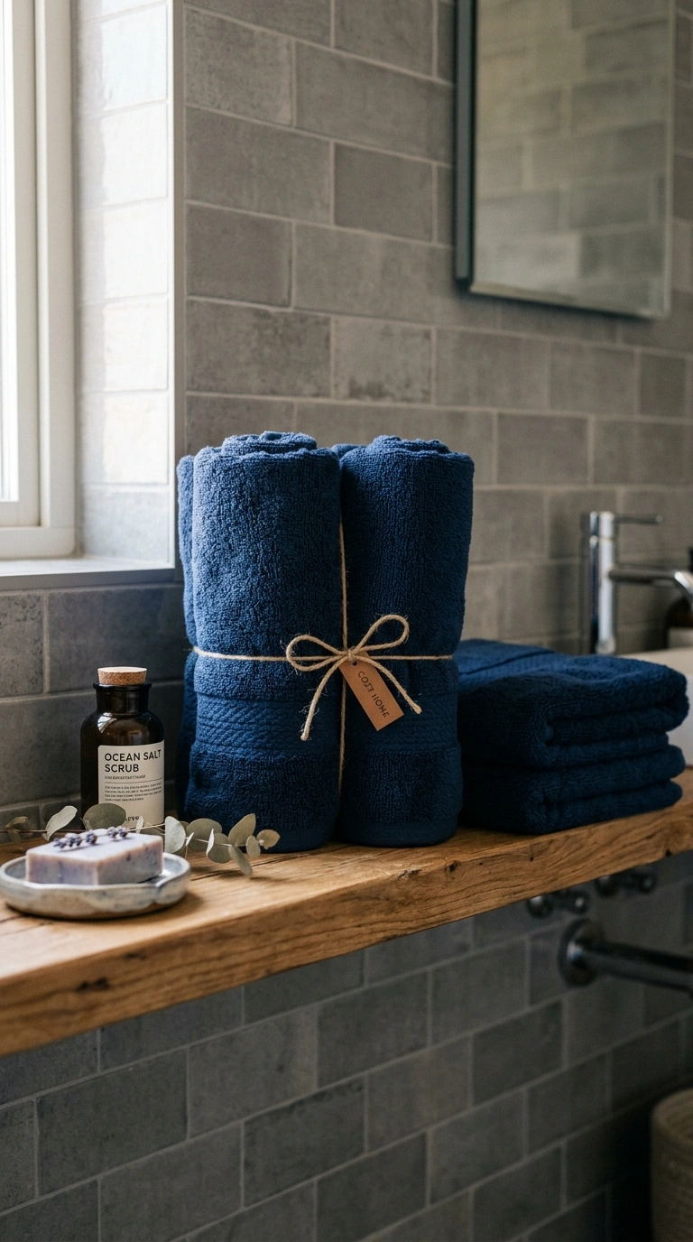 011 Navy Blue Towels A bathroom shelf featuring a roll
