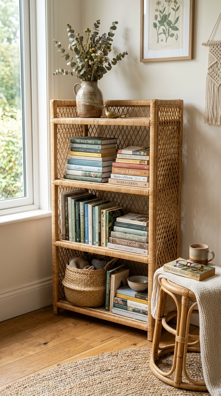 011 Rattan Bookshelf Nook A room corner with an open w