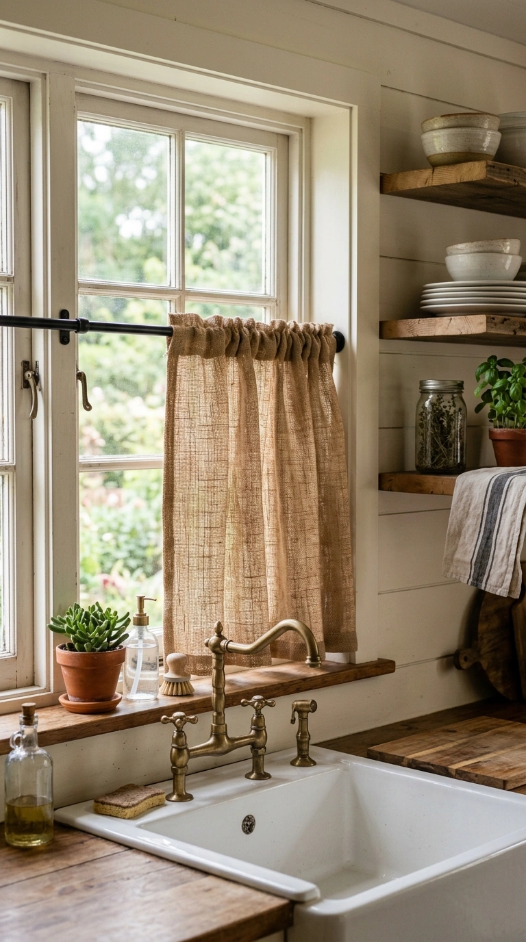 011 Rustic Burlap Curtains A farmhouse kitchen sink wi