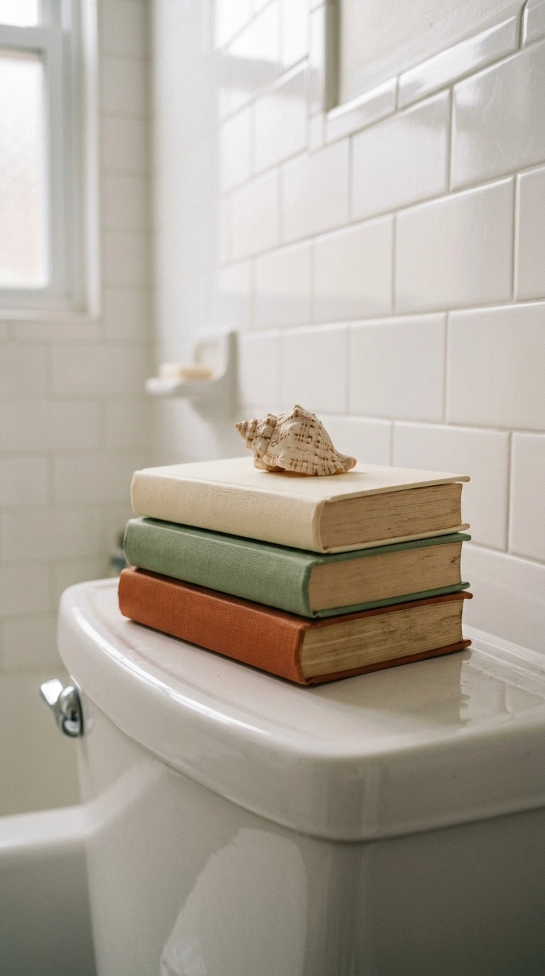 21 Toilet Tank Decor Ideas for a Prettier Bathroom 12 011 Stacked Small Books A short stack of three hardcov