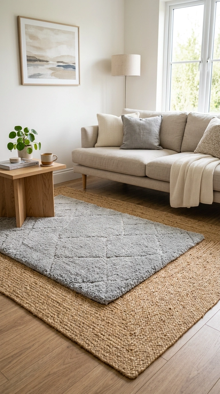 011 Textured Rug Layering A large tan jute rug layered