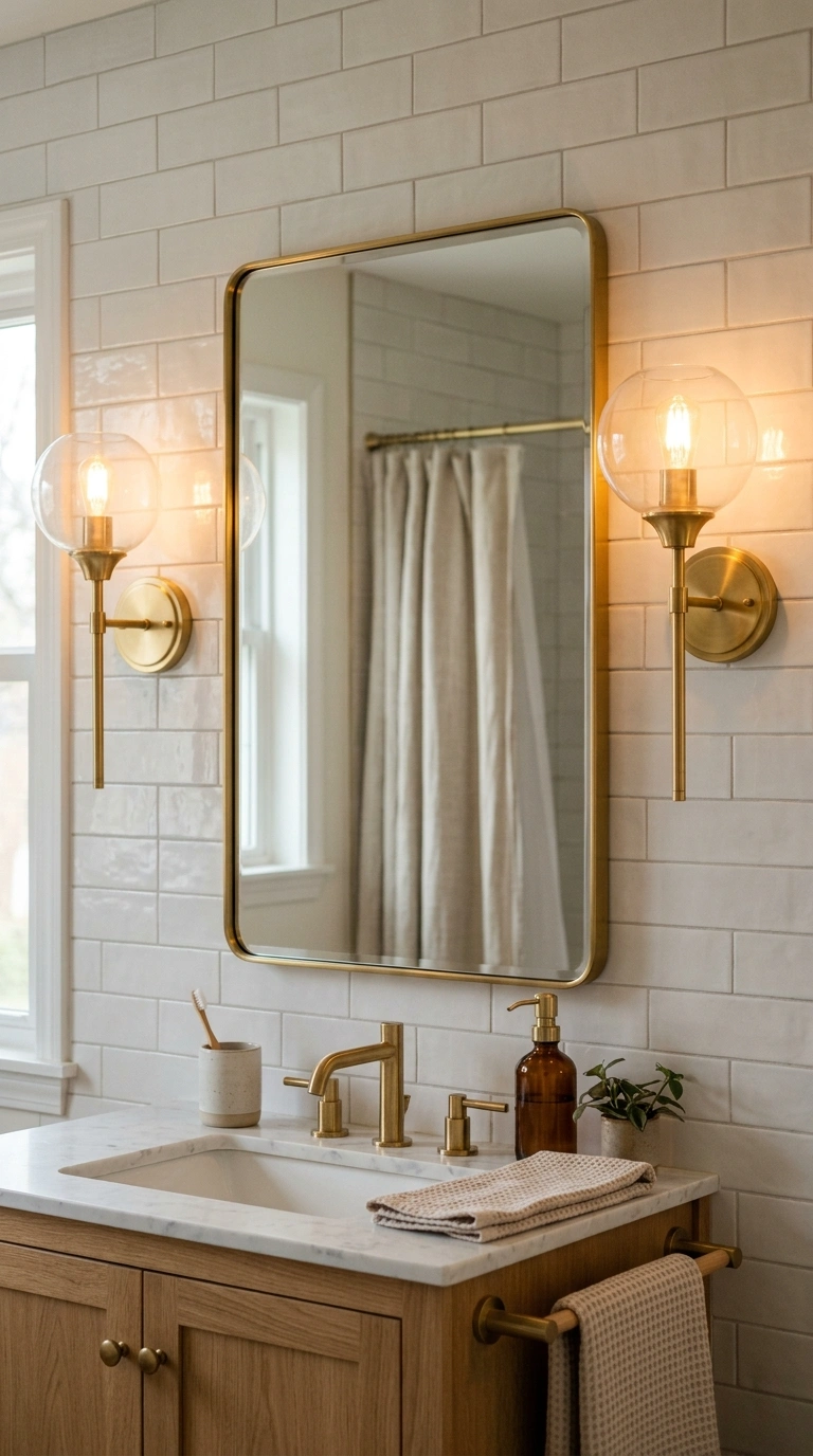 011 Warm Wall Sconces A bathroom vanity mirror flanked