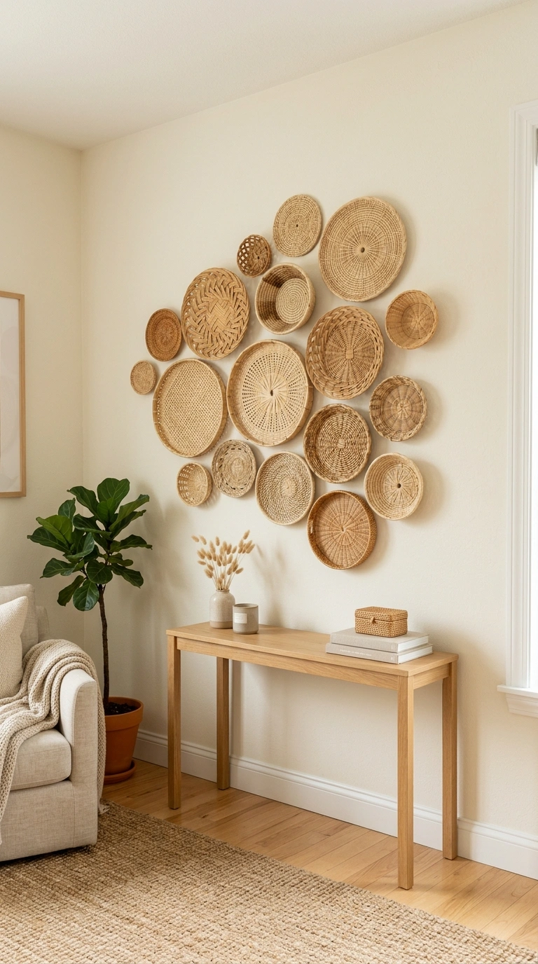 23 Easy Wall Decor Ideas to Make Any Room Look Brand New 12 011 Woven Basket Wall A living room wall styled with a