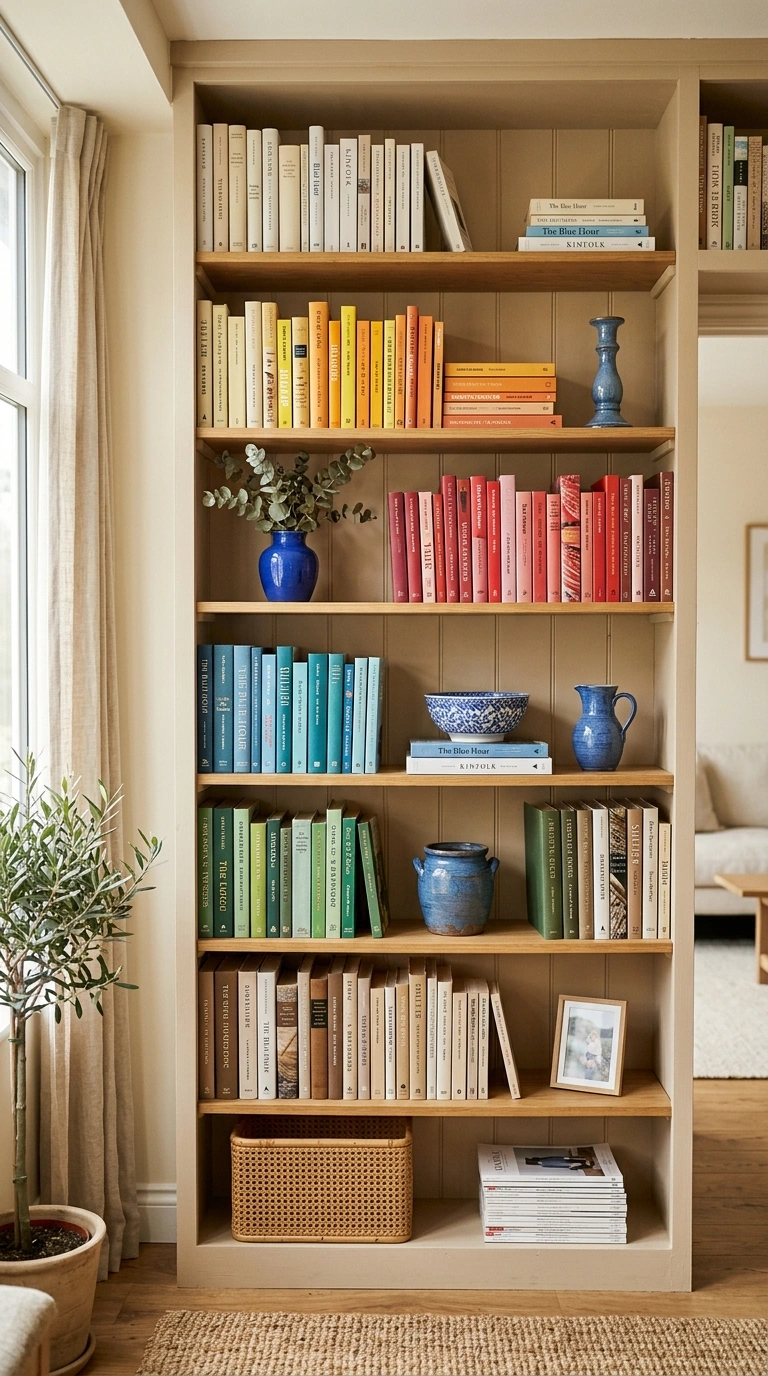23 Blue and Beige Living Room Ideas That Make This Classic Pairing Work 13 012 12 Beige Bookshelf Styling A beige built in booksh