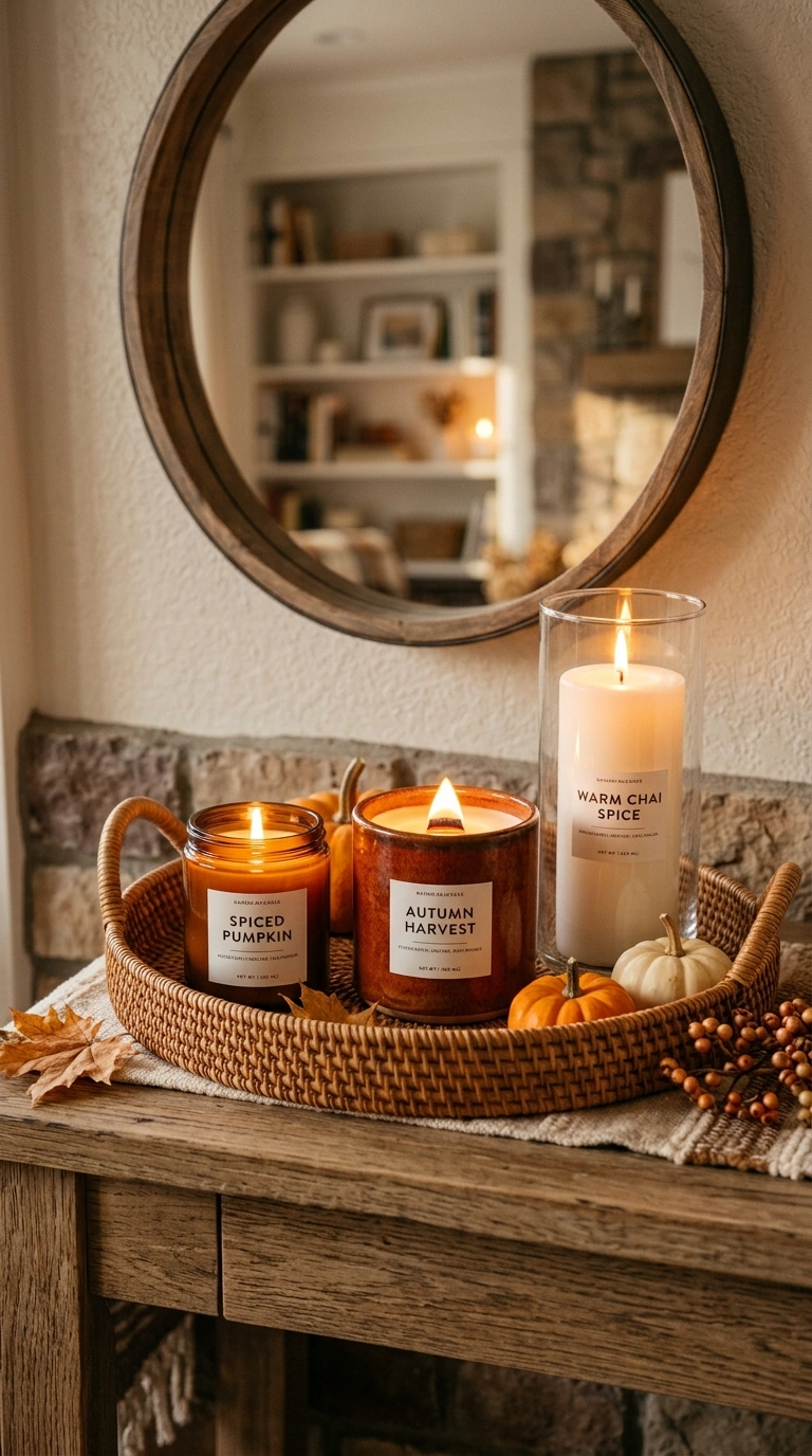 15+ Charming Fall Decor Ideas to Make Your Home Feel Cozy 13 012 12 Fall Candle Trio A tray on a console table hold