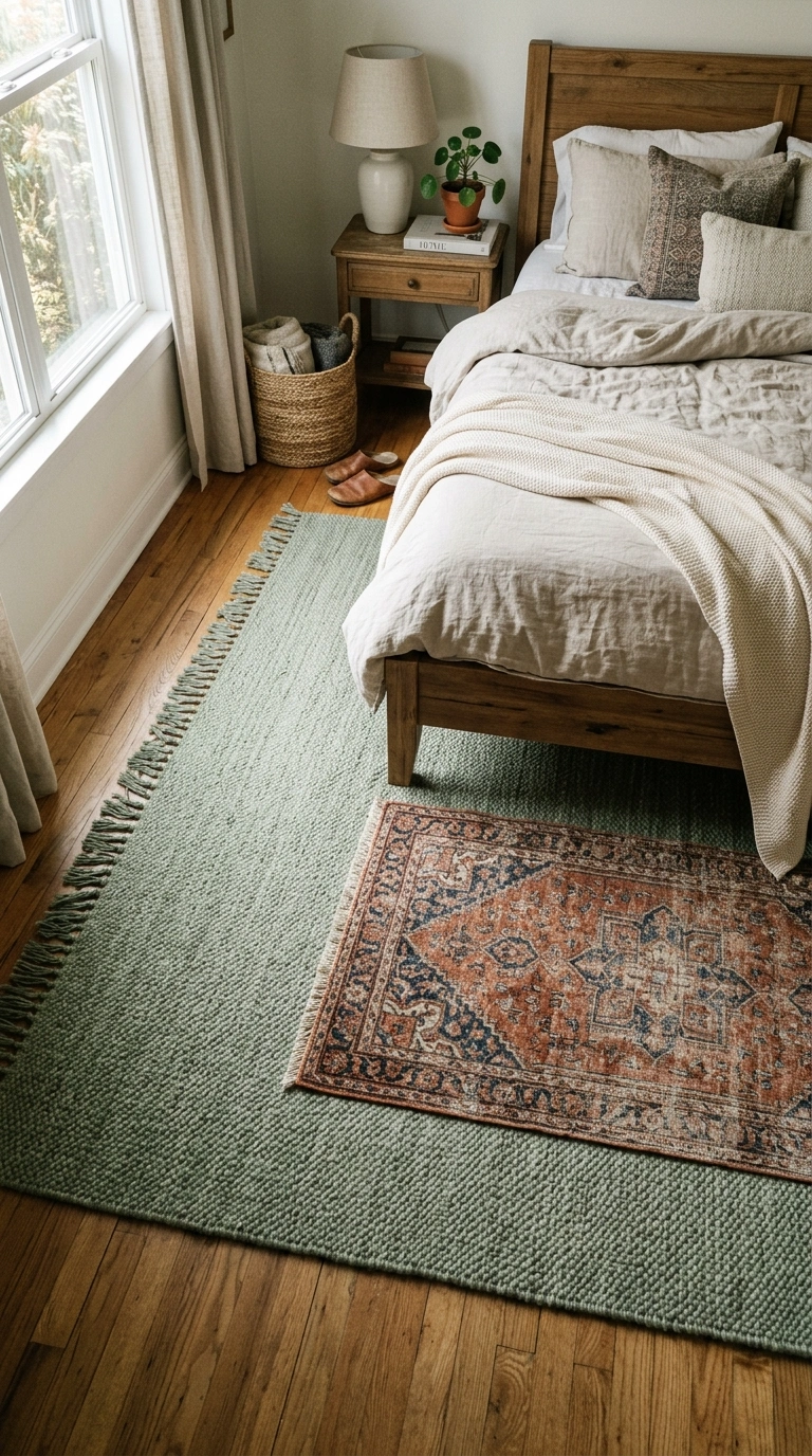 012 12 Woven Sage Rug A bedroom floor featuring a larg