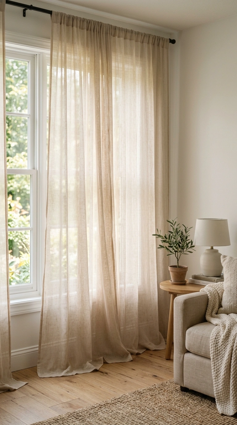 012 Beige Curtains Sheer A living room window with she