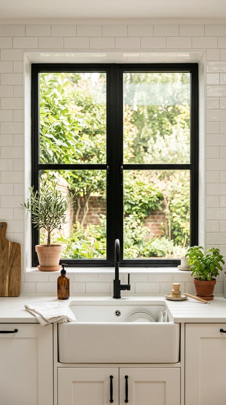 012 Black Window Frames A white kitchen featuring a la