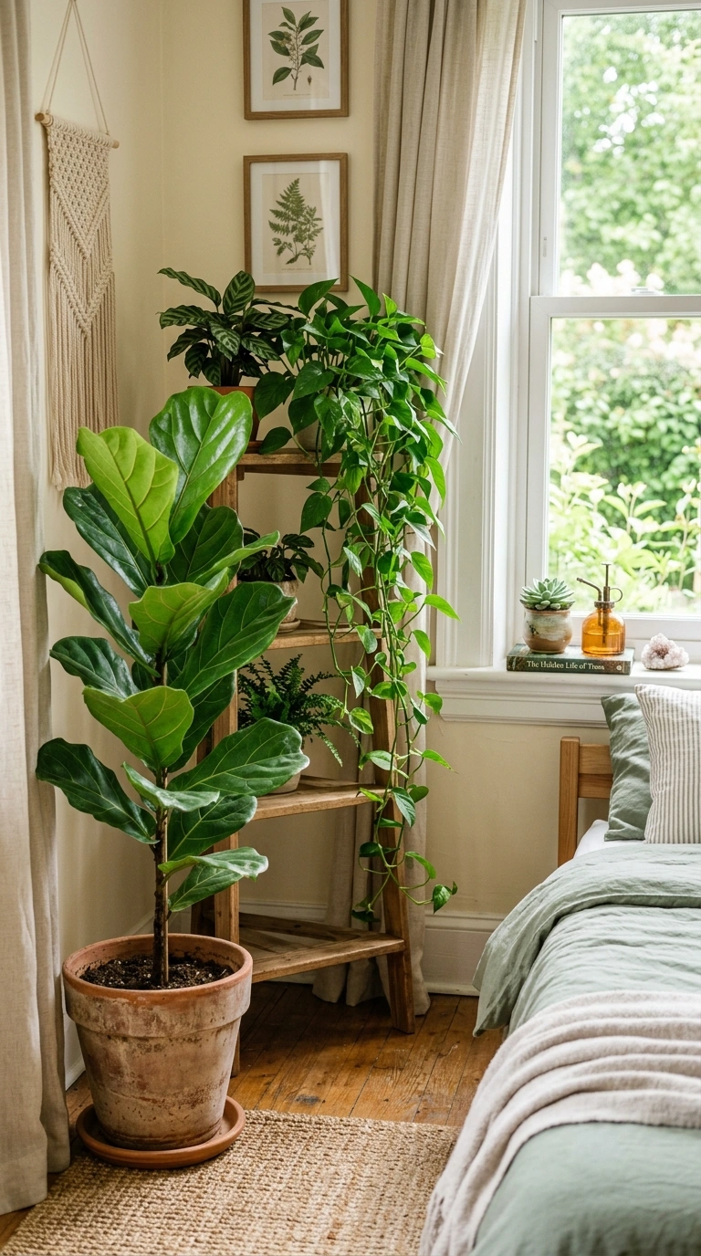012 Boho Plant Corner A bedroom corner with a tall fid