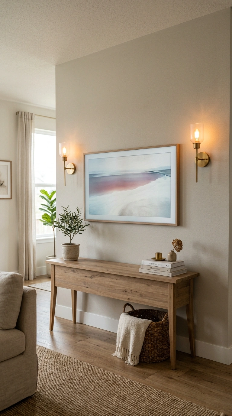 012 Console With Wall Sconces A symmetrical living roo