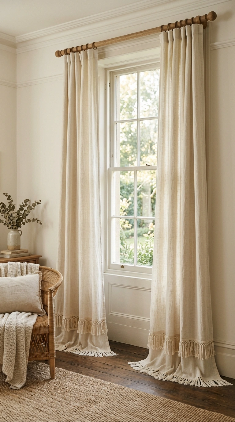 012 Fringe Curtain Panels A tall window with cream lin