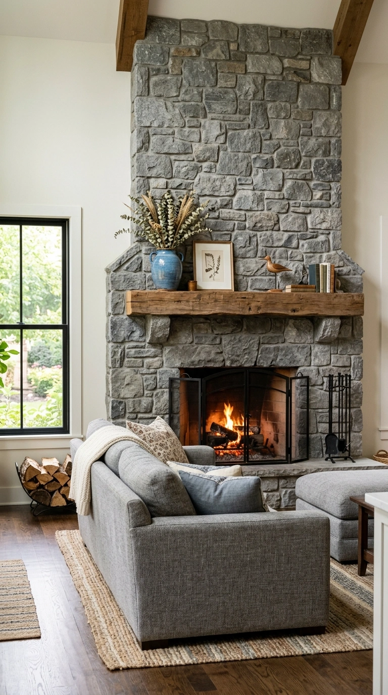 012 Gray Stone Fireplace A gray natural stone fireplac