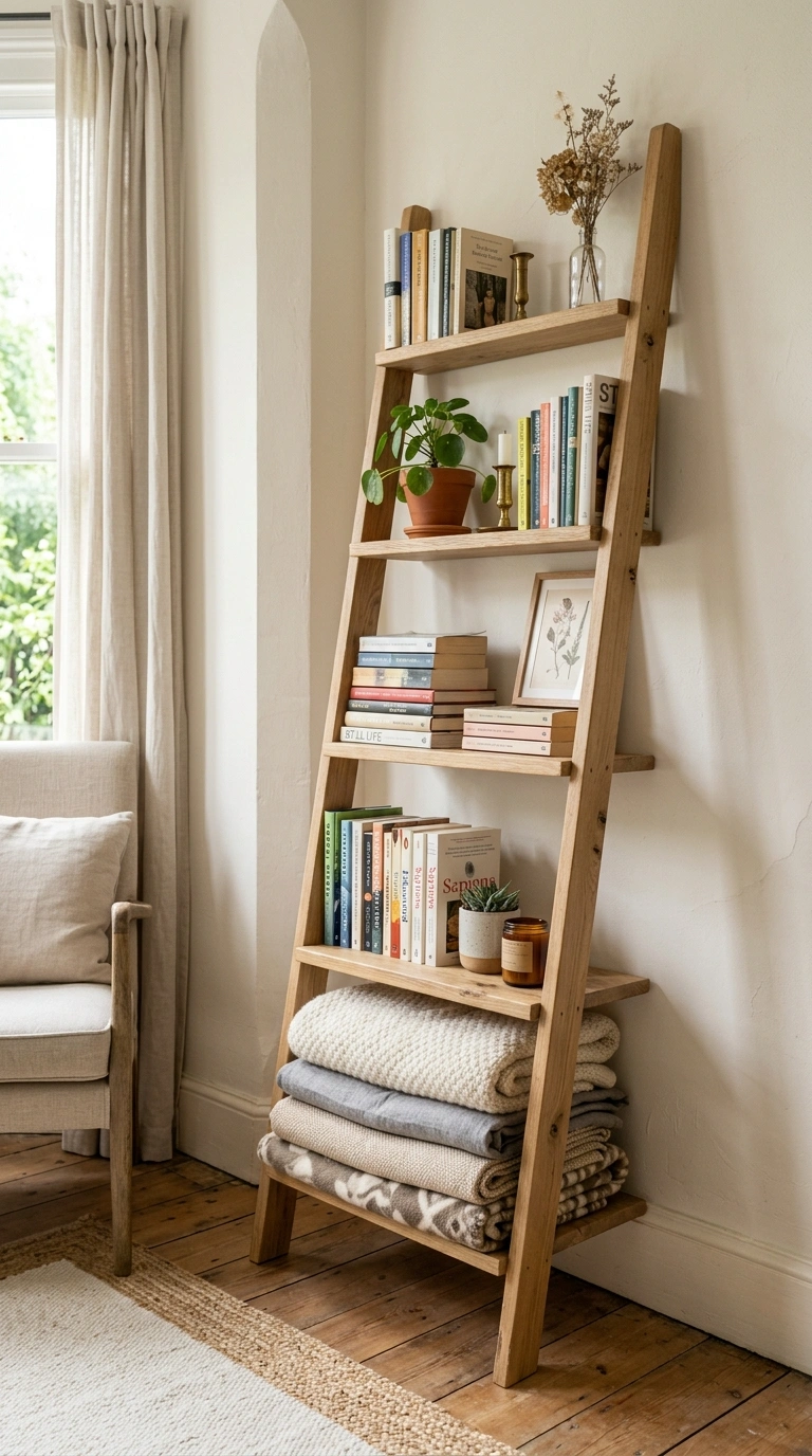012 Ladder Shelf Corner A wood ladder shelf leaned aga