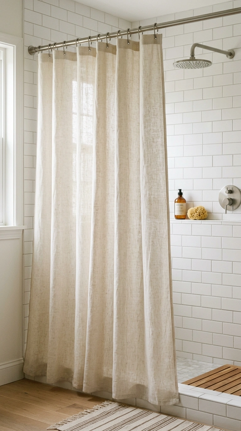 012 Linen Shower Curtain A bathroom shower area featur