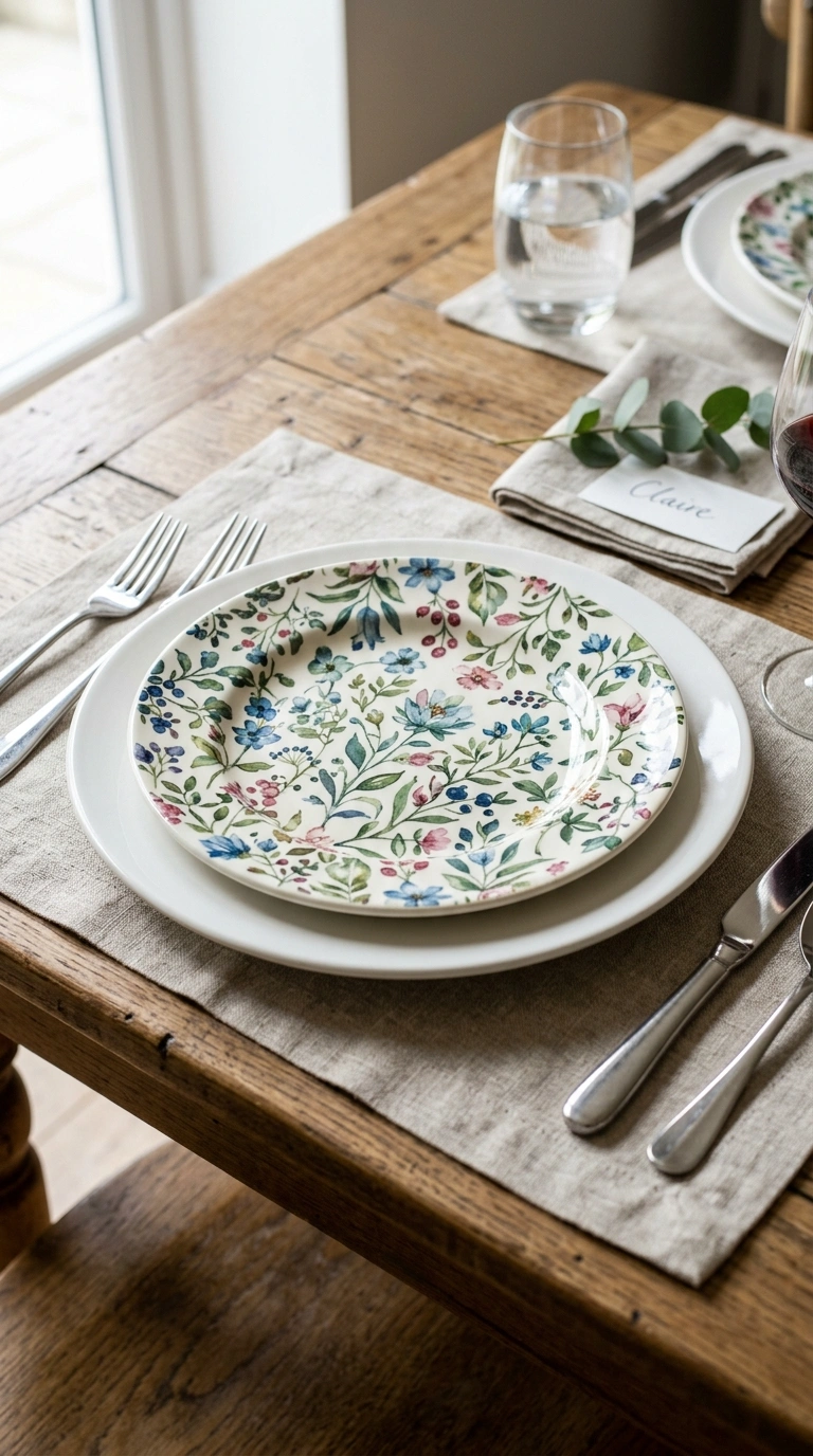 17 Dining Table Decor Ideas to Create a Beautiful Tablescape 13 012 Patterned Dinnerware Stack A close up eye level sh