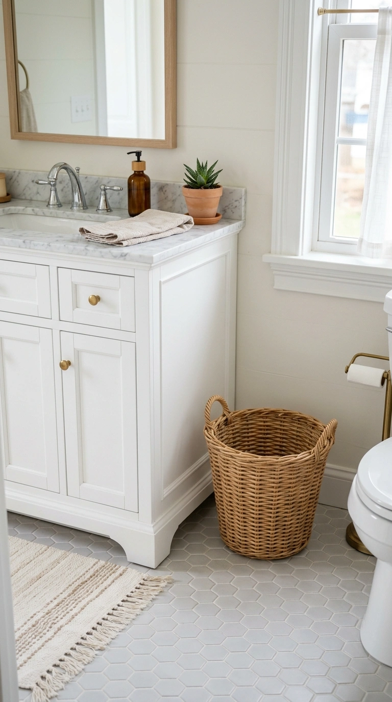 19 Elegant Guest Bathroom Decor Ideas You'll Want to Copy 13 012 Wicker Wastebasket A bathroom floor scene showing