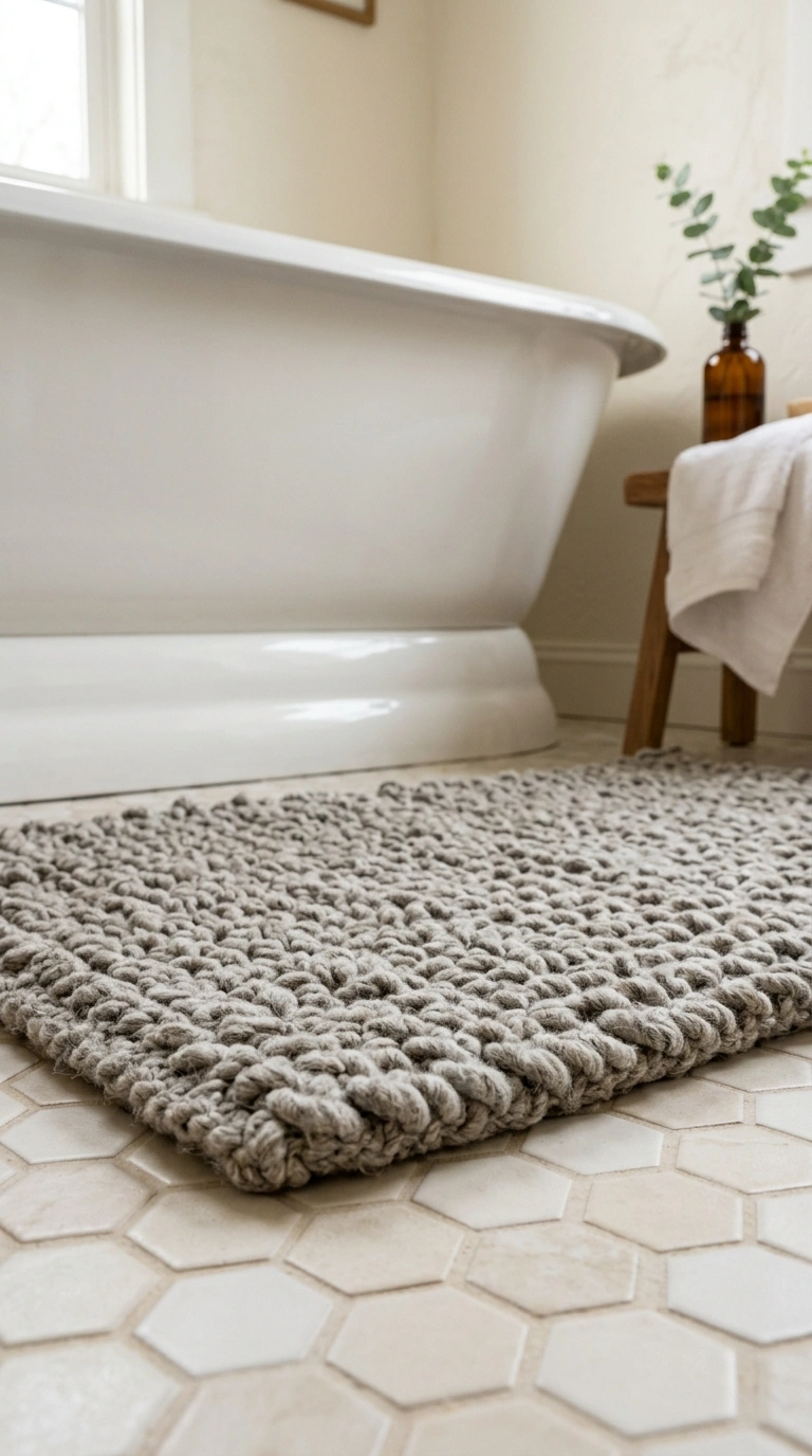 012 Woven Gray Bath Mat A bathroom floor featuring a c