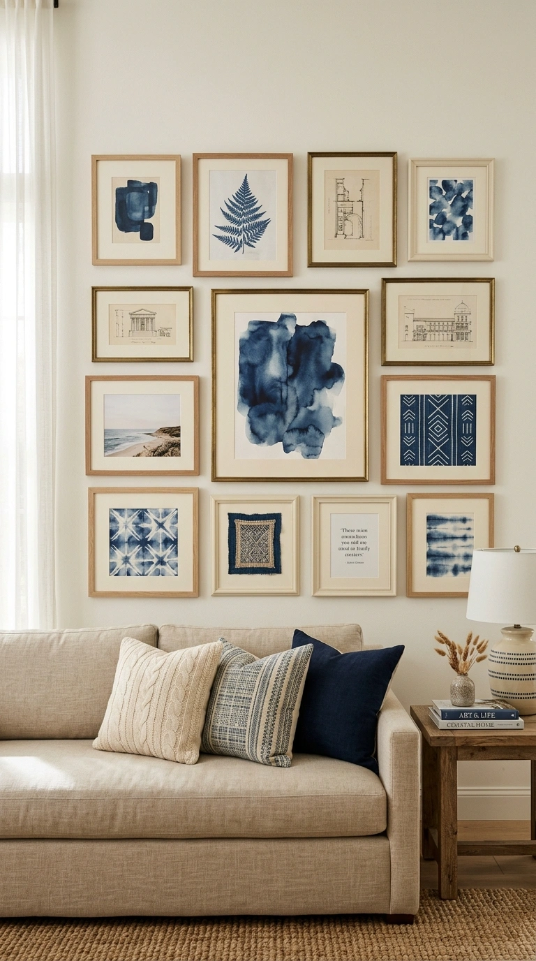 23 Blue and Beige Living Room Ideas That Make This Classic Pairing Work 14 013 13 Blue Gallery Wall A living room wall behind a s