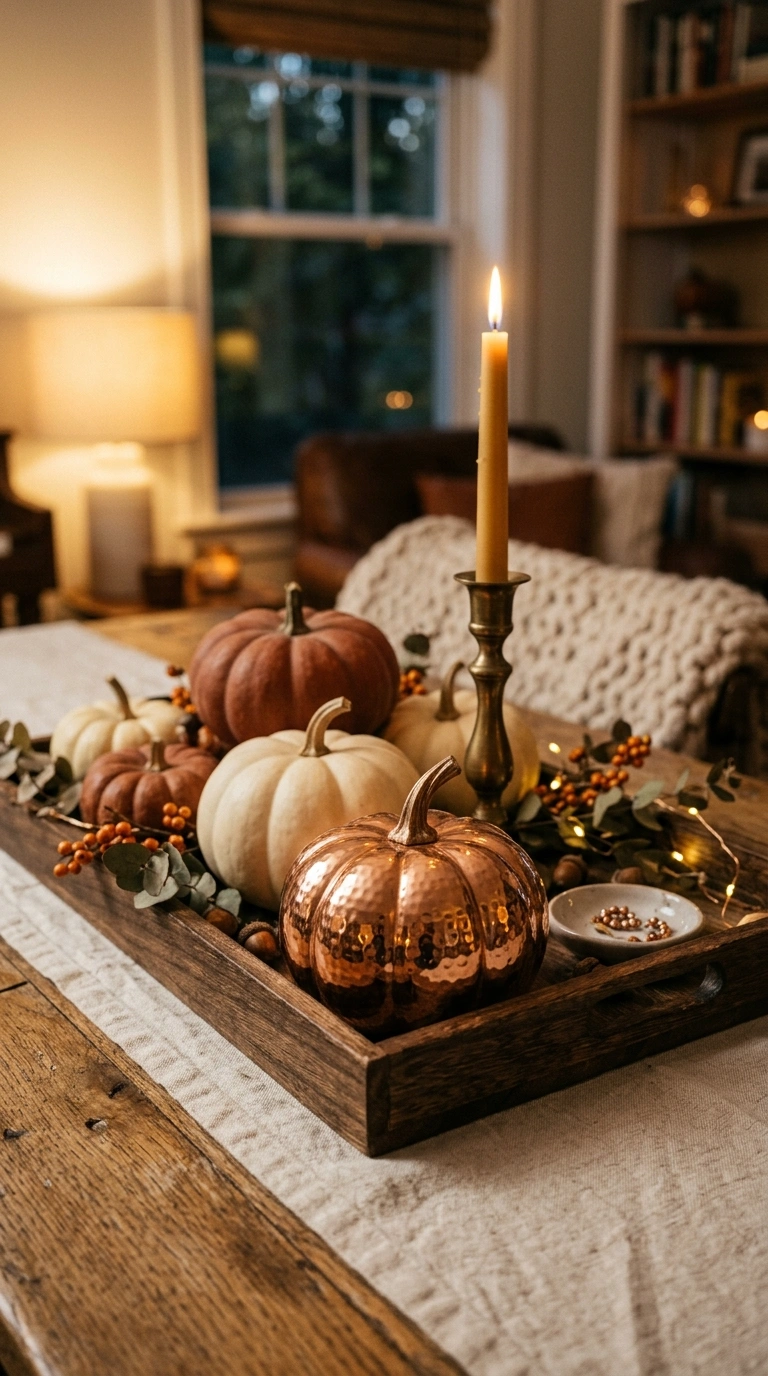 013 13 Copper Pumpkin Accents A tray styled with a met