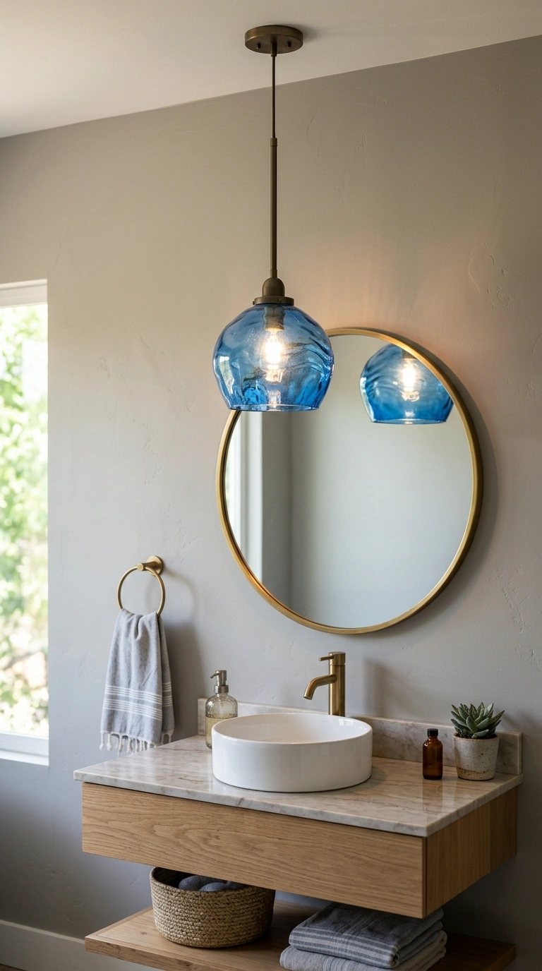 013 Blue Glass Pendant Light A bathroom vanity featuri