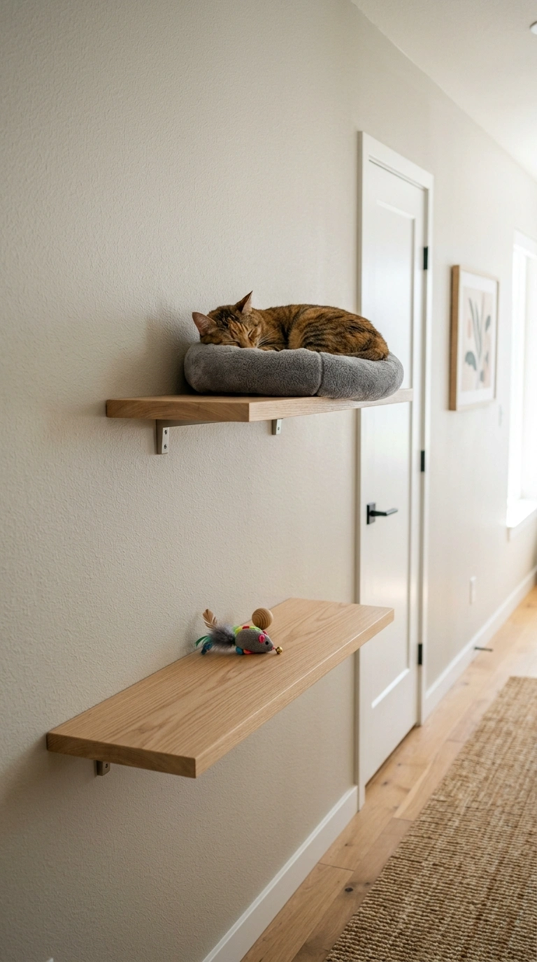 013 Cat Play Shelf Wall Two wide light wood shelves mo