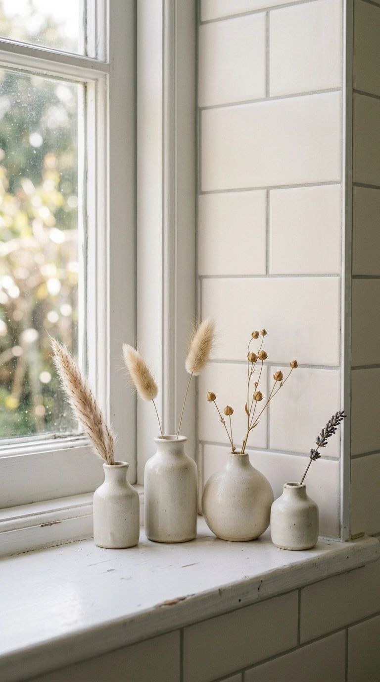 013 Ceramic Bud Vases A narrow bathroom windowsill fea