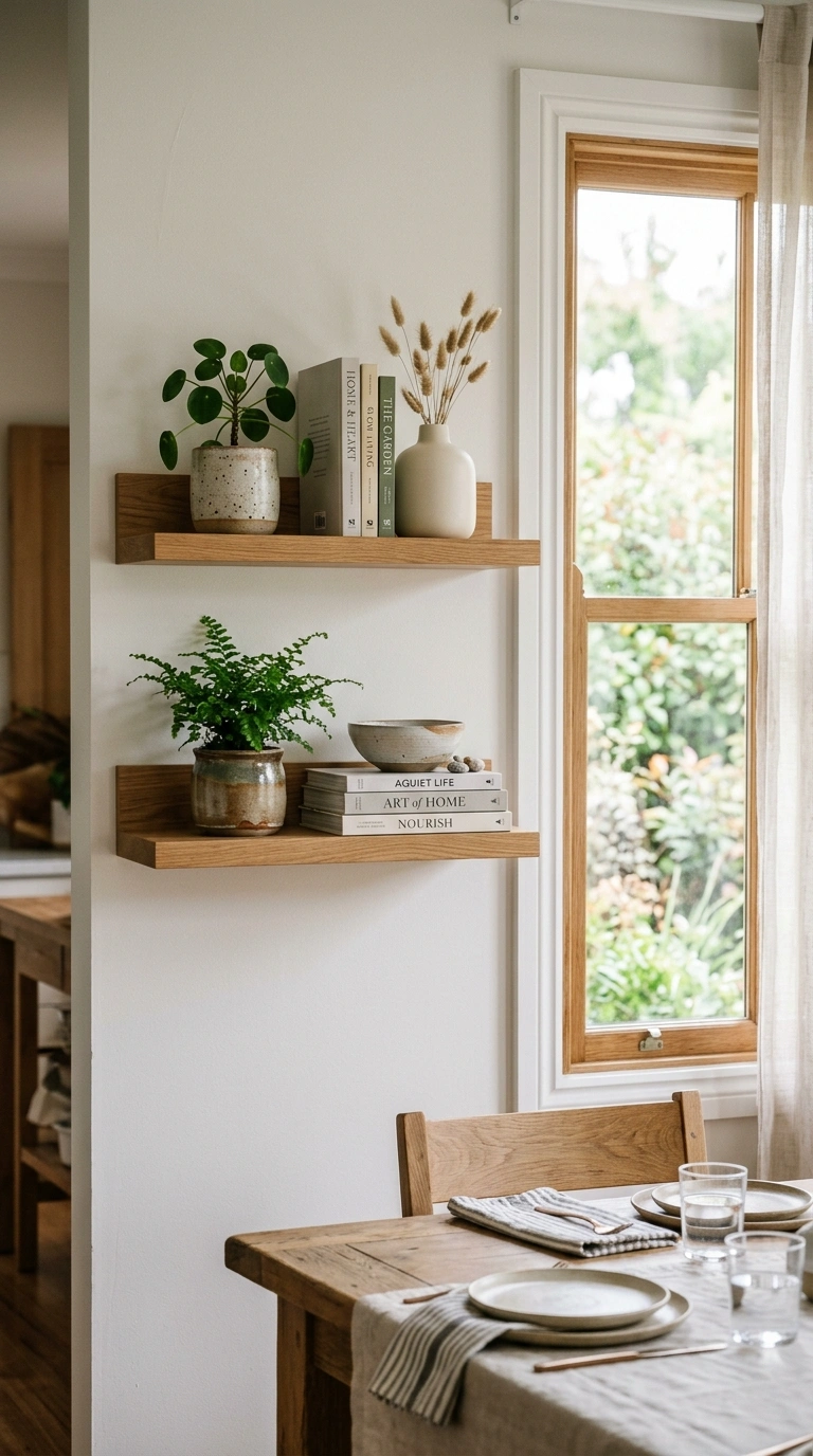 013 Floating Wood Shelves A dining room wall beside a