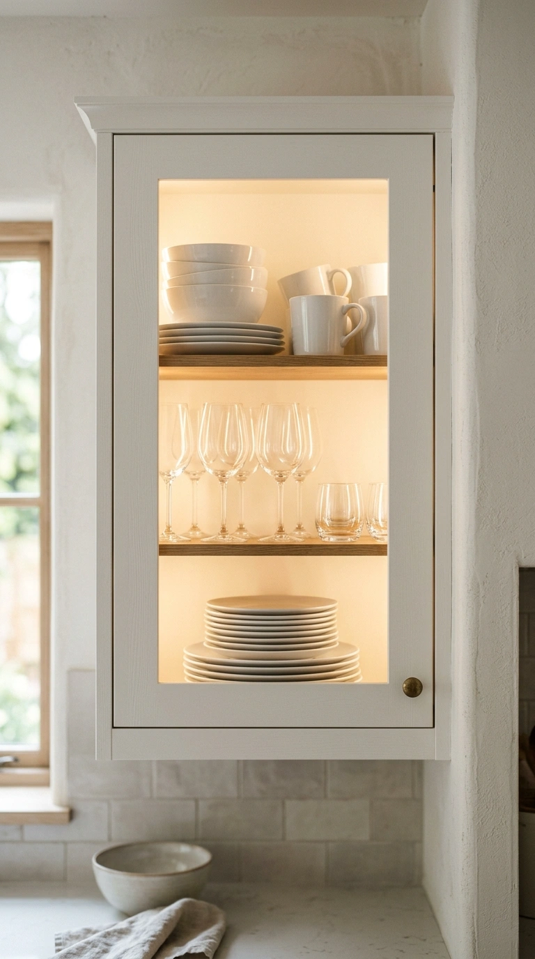 22 Creative Mini Kitchen Ideas for Small Spaces 14 013 Glass Front Cabinets A kitchen upper cabinet with